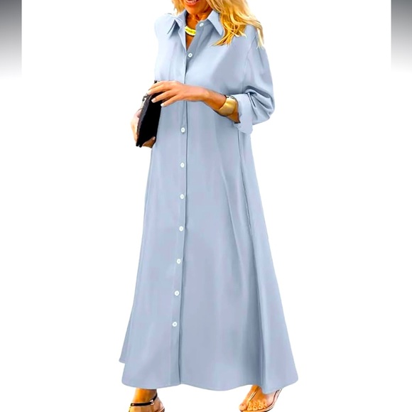 ChouYatou Dresses & Skirts - ChouYatou XL Blue Buttoned Maxi Shirt Dress with Notched Collar